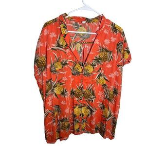 Old Navy Blouse Women's XXL Orange Button Up V-Neck Casual Pineapple Top